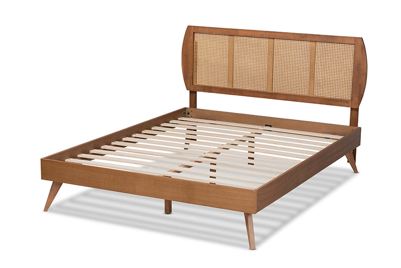 Oscar Mid-Century Modern Walnut Brown Finished Wood and Synthetic Rattan Queen Size Platform Bed