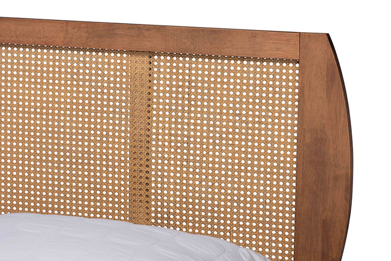 Oscar Mid-Century Modern Walnut Brown Finished Wood and Synthetic Rattan Queen Size Platform Bed