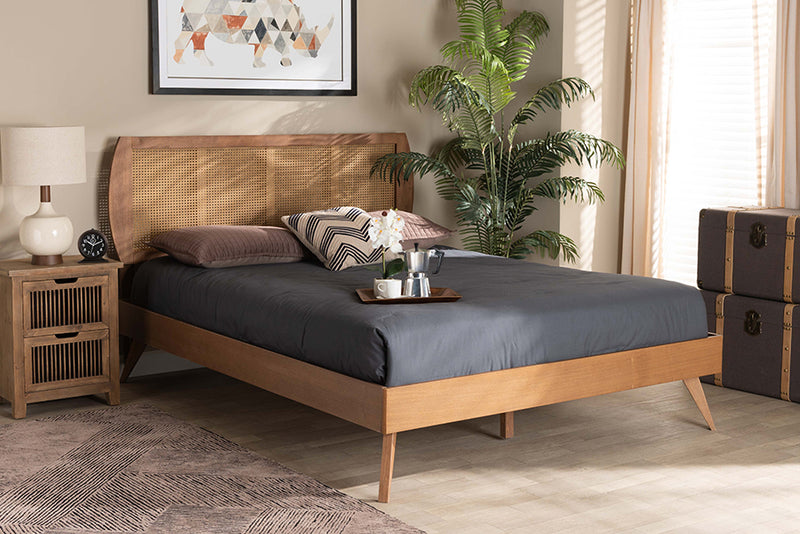 Oscar Mid-Century Modern Walnut Brown Finished Wood and Synthetic Rattan Queen Size Platform Bed