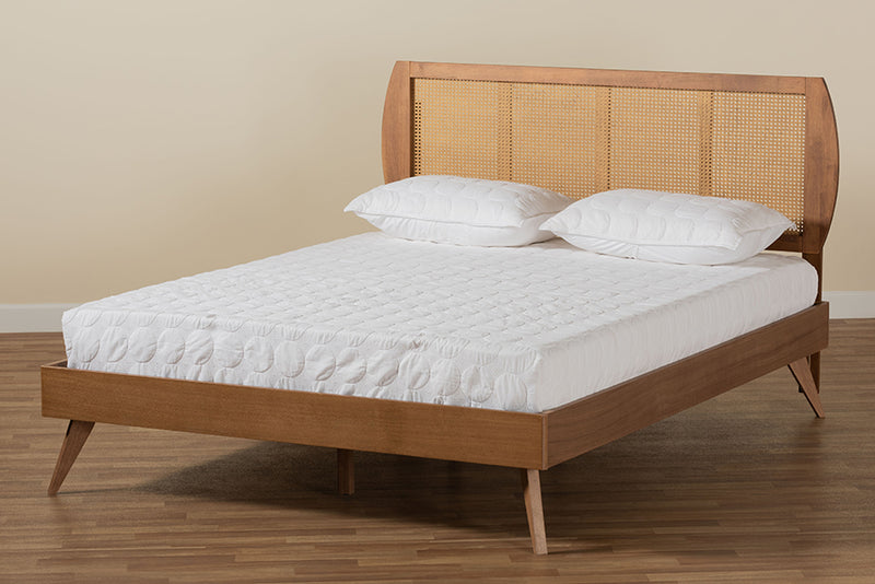 Oscar Mid-Century Modern Walnut Brown Finished Wood and Synthetic Rattan Queen Size Platform Bed