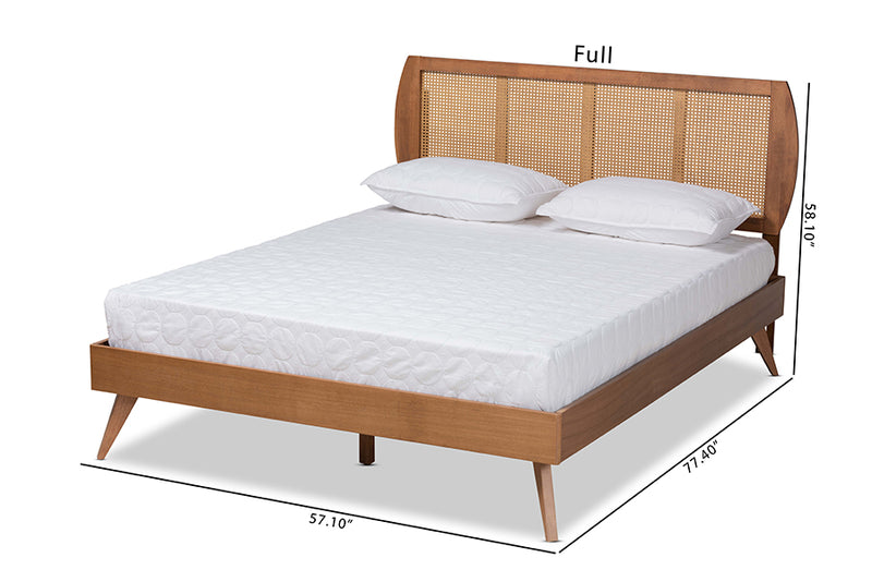 Oscar Mid-Century Modern Walnut Brown Finished Wood and Synthetic Rattan Queen Size Platform Bed