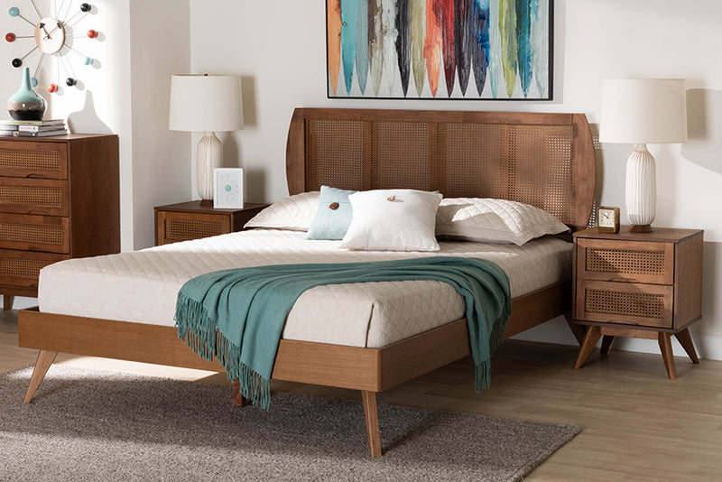 Oscar Walnut Brown and Woven Rattan Queen Size 3-Piece Bedroom Set Baxton