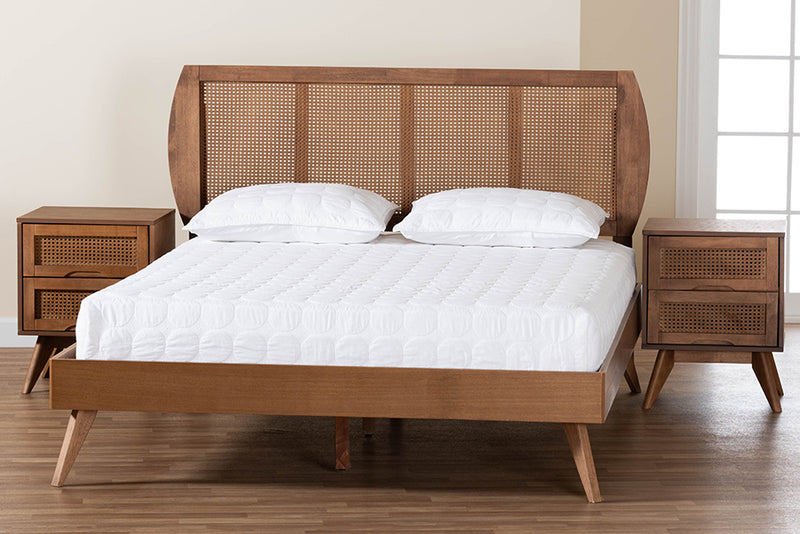 Oscar Mid-Century Modern Walnut Brown Finished Wood and Woven Rattan Full Size 3-Piece Bedroom Set