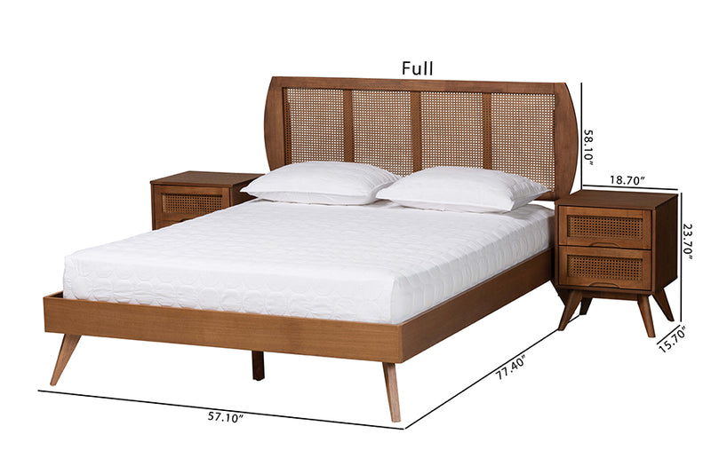 Oscar Mid-Century Modern Walnut Brown Finished Wood and Woven Rattan King Size 3-Piece Bedroom Set