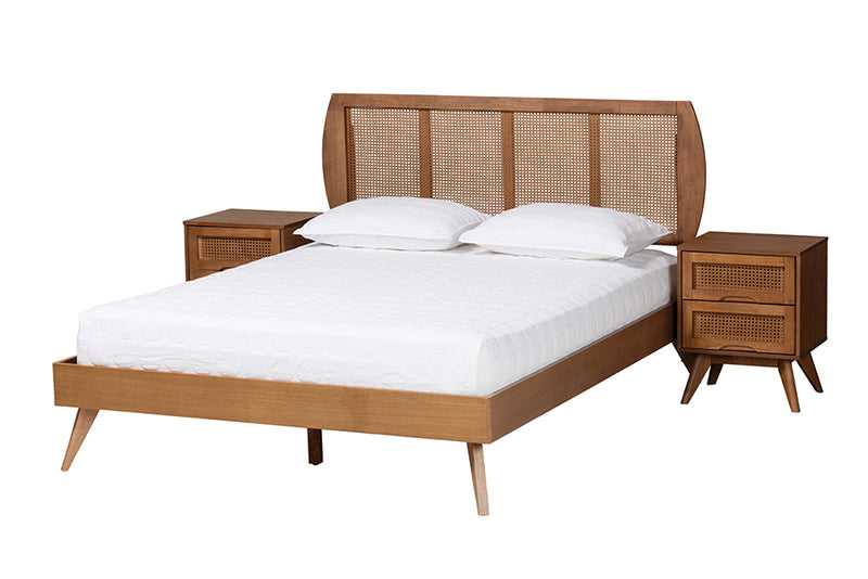 Oscar Mid-Century Modern Walnut Brown Finished Wood and Woven Rattan Full Size 3-Piece Bedroom Set