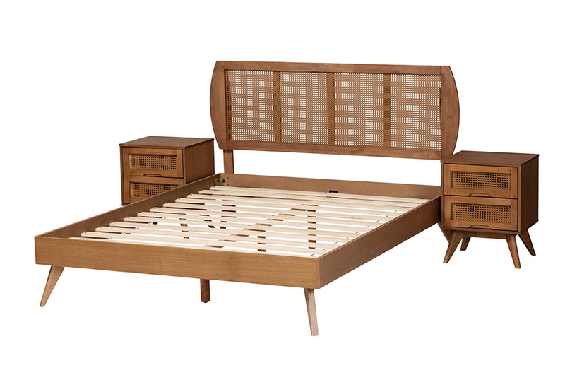 Oscar Mid-Century Modern Walnut Brown Finished Wood and Woven Rattan Full Size 3-Piece Bedroom Set