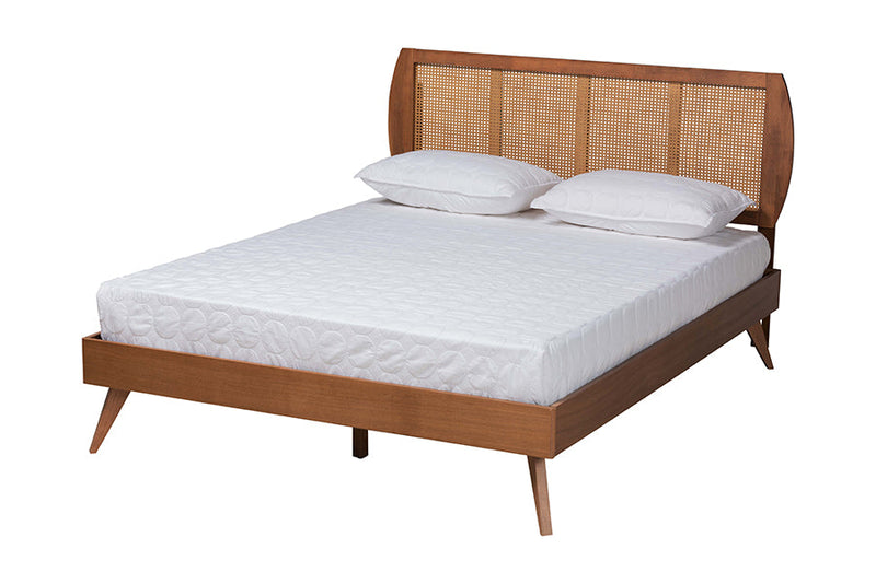 Oscar Walnut Brown and Woven Rattan Queen Size 3-Piece Bedroom Set Baxton