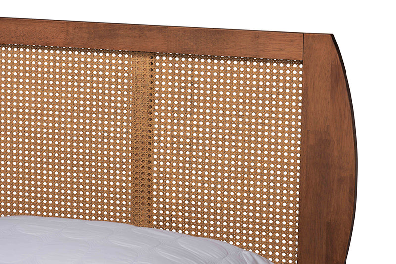 Oscar Mid-Century Modern Walnut Brown Finished Wood and Woven Rattan King Size 3-Piece Bedroom Set