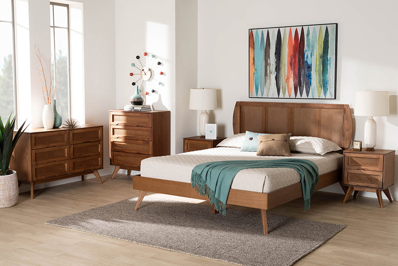 Oscar Mid-Century Modern Walnut Brown Finished Wood and Woven Rattan King Size 5-Piece Bedroom Set