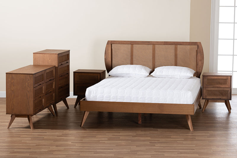 Oscar Mid-Century Modern Walnut Brown Finished Wood and Woven Rattan King Size 5-Piece Bedroom Set