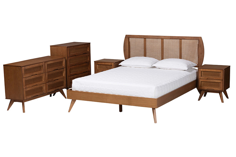 Oscar Mid-Century Modern Walnut Brown Finished Wood and Woven Rattan King Size 5-Piece Bedroom Set