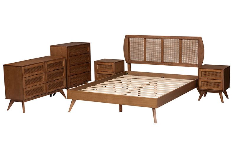 Oscar Mid-Century Modern Walnut Brown Finished Wood and Woven Rattan King Size 5-Piece Bedroom Set