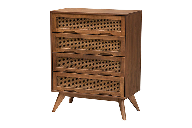 Oscar Mid-Century Modern Walnut Brown Finished Wood and Woven Rattan King Size 5-Piece Bedroom Set