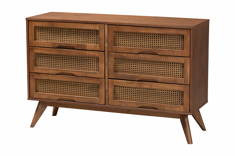 Oscar Mid-Century Modern Walnut Brown Finished Wood and Woven Rattan King Size 5-Piece Bedroom Set