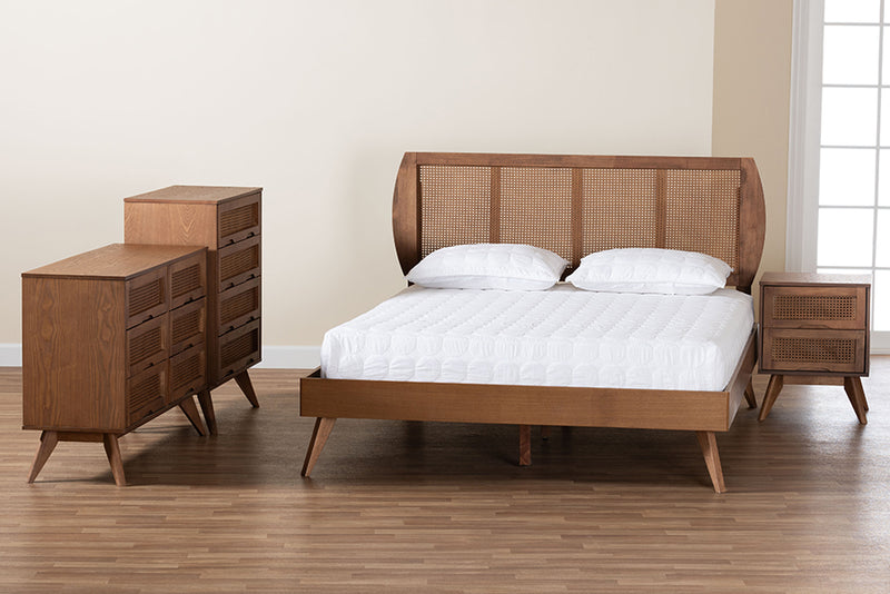 Oscar Mid-Century Modern Walnut Brown Finished Wood and Woven Rattan King Size 4-Piece Bedroom Set