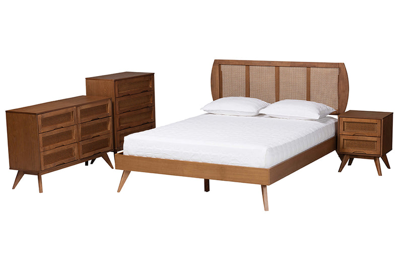 Oscar Mid-Century Modern Walnut Brown Finished Wood and Woven Rattan Full Size 4-Piece Bedroom Set