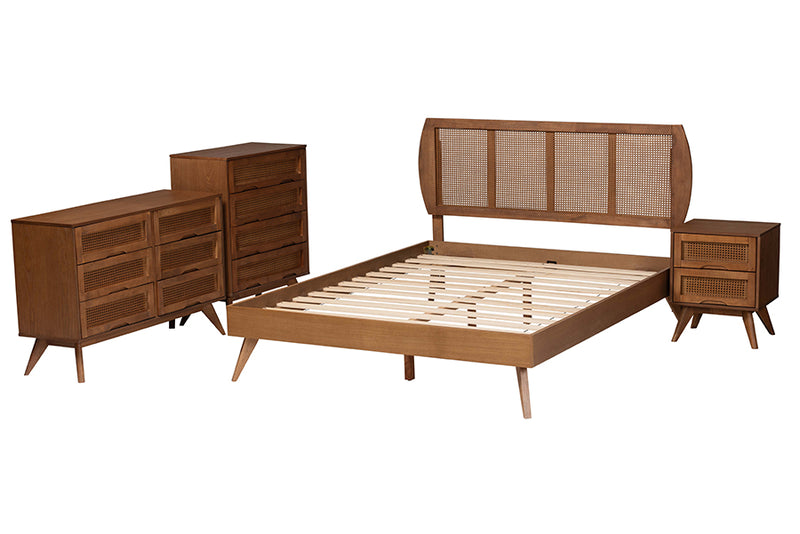 Oscar Mid-Century Modern Walnut Brown Finished Wood and Woven Rattan Full Size 4-Piece Bedroom Set