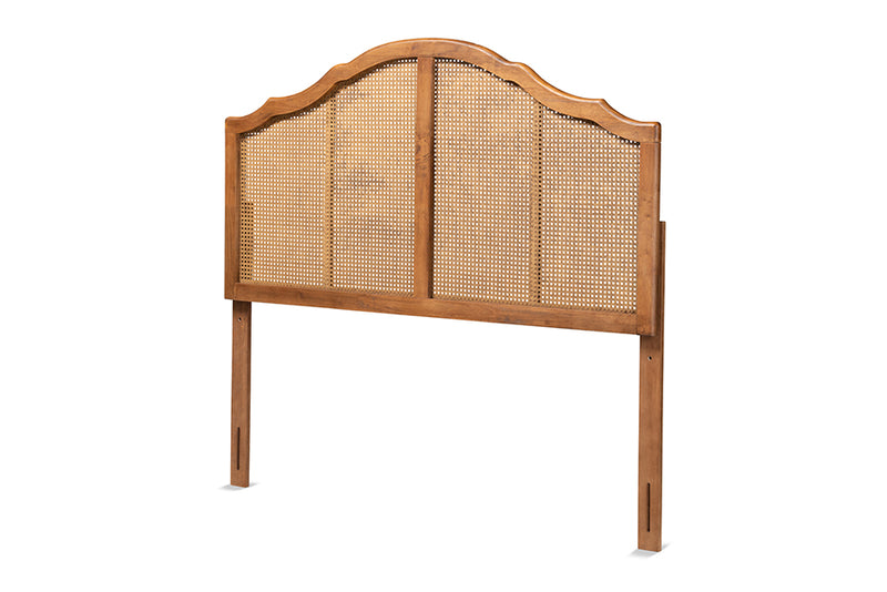 Alinia Vintage Classic and Traditional Ash Walnut Finished Wood and Synthetic Rattan Queen Size Arched Headboard