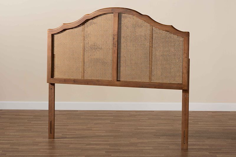 Alinia Vintage Classic and Traditional Ash Walnut Finished Wood and Synthetic Rattan Queen Size Arched Headboard