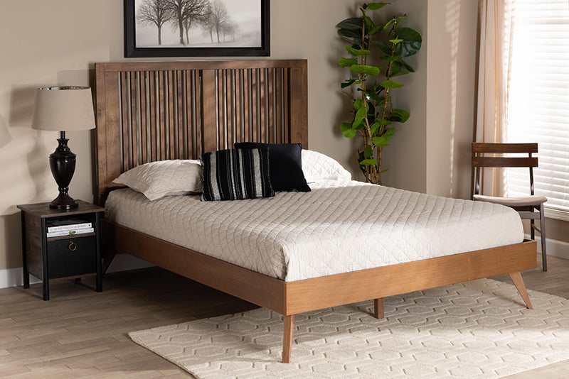 Falan Mid-Century Ash Walnut Finished Wood Queen Size Platform Bed