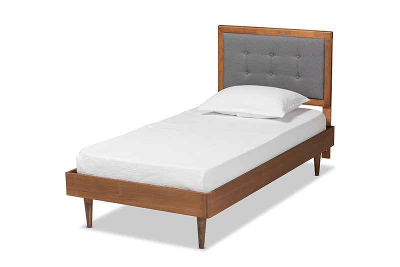 Napoleon Mid-Century Modern Dark Gray Fabric Upholstered and Walnut Brown Finished Wood Twin Size Platform Bed