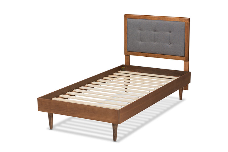 Napoleon Mid-Century Modern Dark Gray Fabric Upholstered and Walnut Brown Finished Wood Twin Size Platform Bed