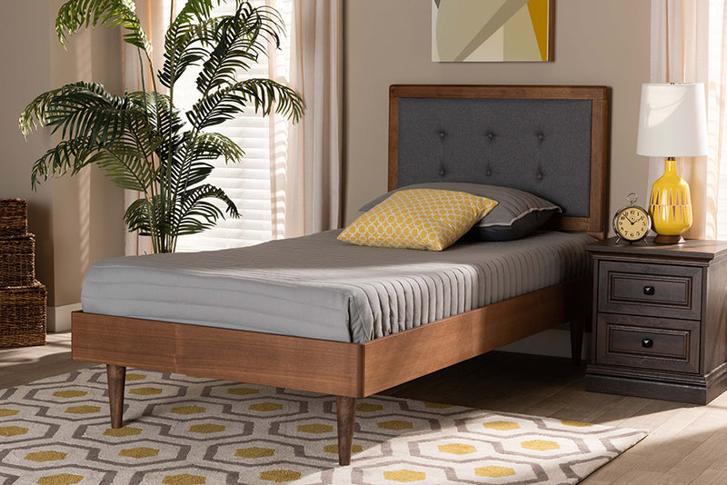 Napoleon Mid-Century Modern Dark Gray Fabric Upholstered and Walnut Brown Finished Wood Twin Size Platform Bed