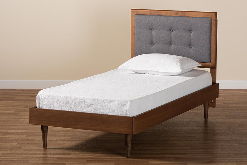 Napoleon Mid-Century Modern Dark Gray Fabric Upholstered and Walnut Brown Finished Wood Twin Size Platform Bed