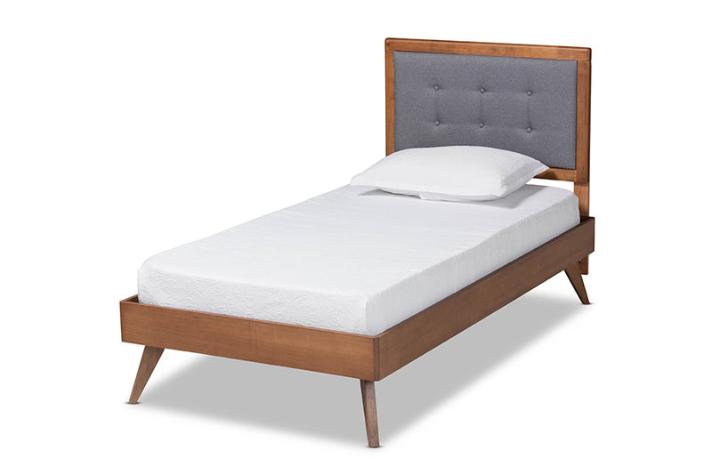 Wayne Mid-Century Modern Dark Gray Fabric Upholstered and Walnut Brown Finished Wood Twin Size Platform Bed