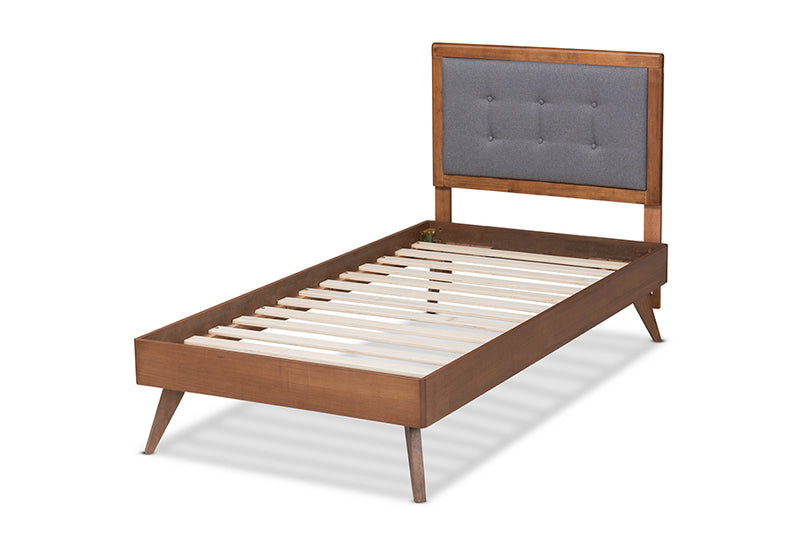 Wayne Mid-Century Modern Dark Gray Fabric Upholstered and Walnut Brown Finished Wood Twin Size Platform Bed