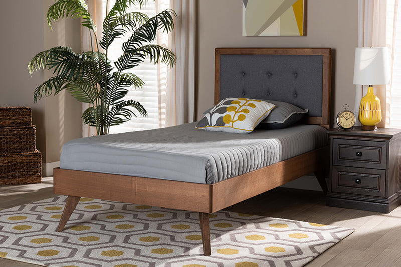 Wayne Mid-Century Modern Dark Gray Fabric Upholstered and Walnut Brown Finished Wood Twin Size Platform Bed