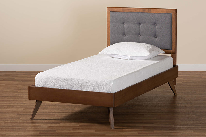 Wayne Mid-Century Modern Dark Gray Fabric Upholstered and Walnut Brown Finished Wood Twin Size Platform Bed