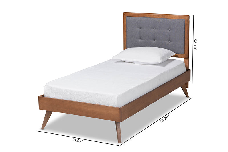 Wayne Mid-Century Modern Dark Gray Fabric Upholstered and Walnut Brown Finished Wood Twin Size Platform Bed