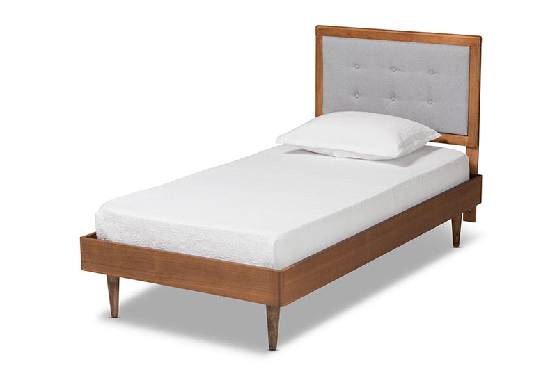 Napoleon Light Gray Fabric Walnut Brown Twin Size Platform Bed Baxton
