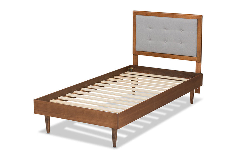 Napoleon Light Gray Fabric Walnut Brown Twin Size Platform Bed Baxton