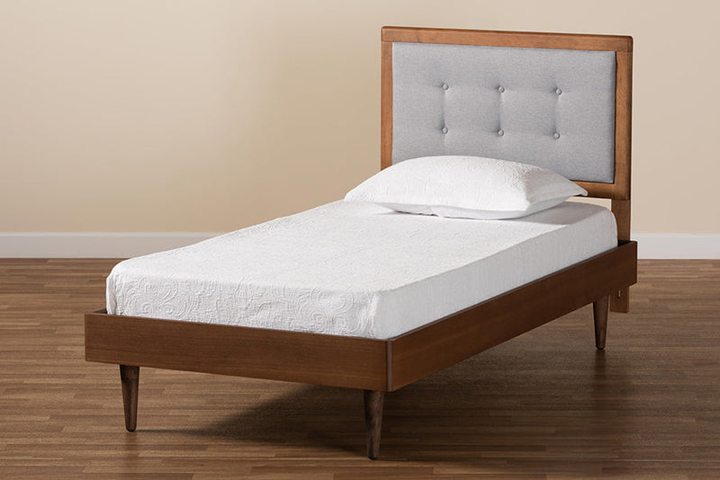 Napoleon Light Gray Fabric Walnut Brown Twin Size Platform Bed Baxton