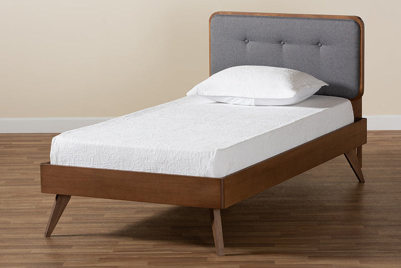 Henson Dark Gray Fabric Walnut Brown Twin Size Platform Bed Baxton