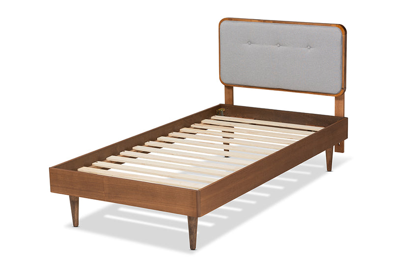 Clapton Mid-Century Modern Light Gray Fabric Upholstered and Ash Walnut Finished Wood Twin Size Platform Bed