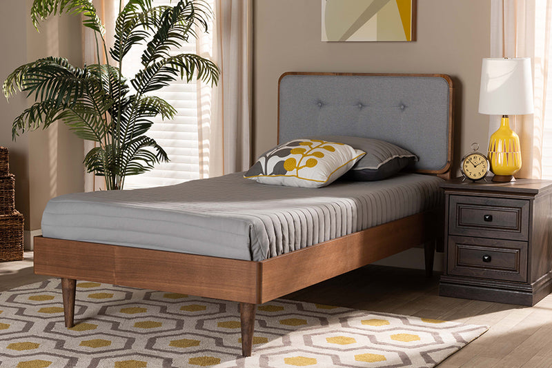 Clapton Mid-Century Modern Light Gray Fabric Upholstered and Ash Walnut Finished Wood Twin Size Platform Bed