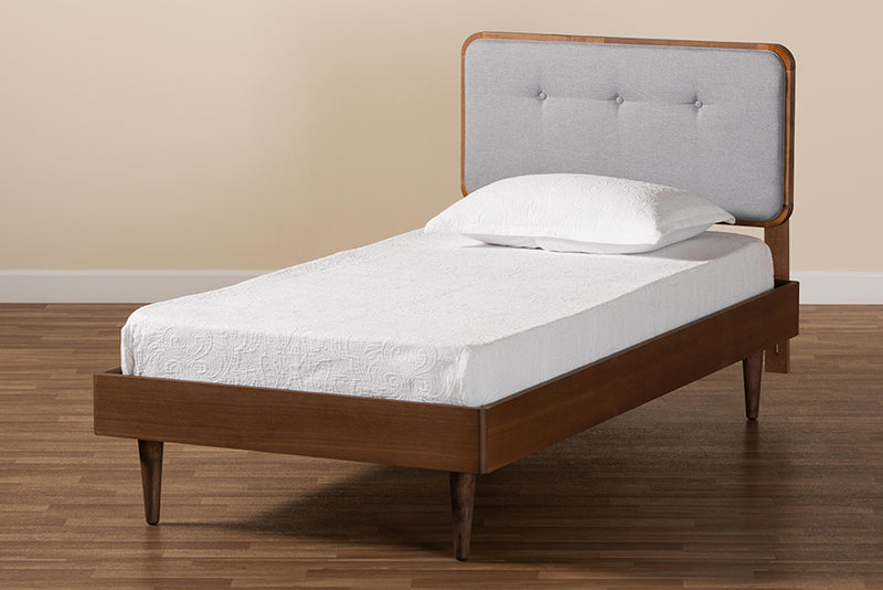 Clapton Mid-Century Modern Light Gray Fabric Upholstered and Ash Walnut Finished Wood Twin Size Platform Bed