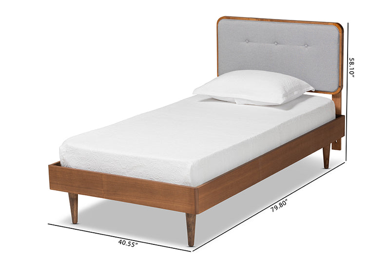 Clapton Mid-Century Modern Light Gray Fabric Upholstered and Ash Walnut Finished Wood Twin Size Platform Bed