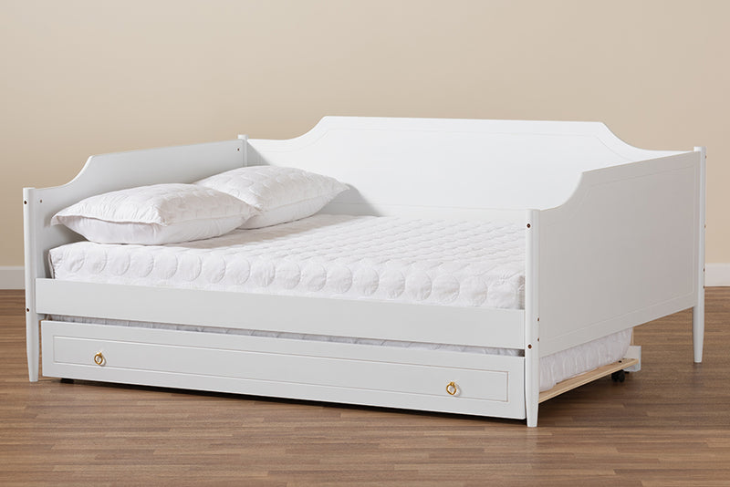 Ansa Classic Traditional Farmhouse White Finished Wood Full Size Daybed w/Roll-Out Trundle Bed