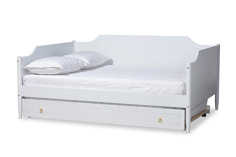 Ansa Classic Traditional Farmhouse White Finished Wood Full Size Daybed w/Roll-Out Trundle Bed