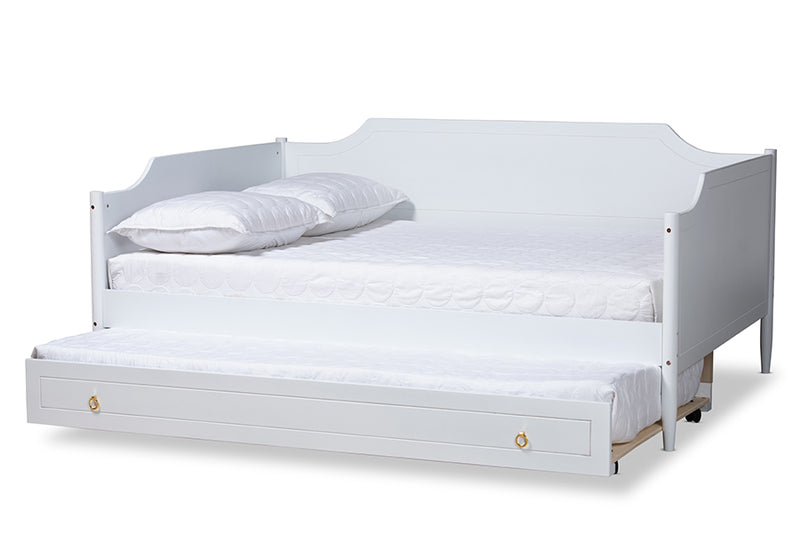 Ansa Classic Traditional Farmhouse White Finished Wood Full Size Daybed w/Roll-Out Trundle Bed