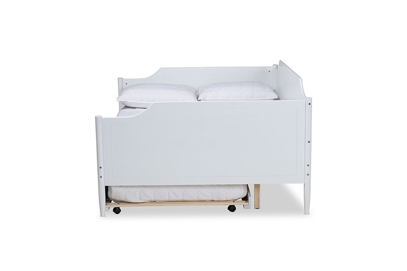 Ansa Classic Traditional Farmhouse White Finished Wood Full Size Daybed w/Roll-Out Trundle Bed