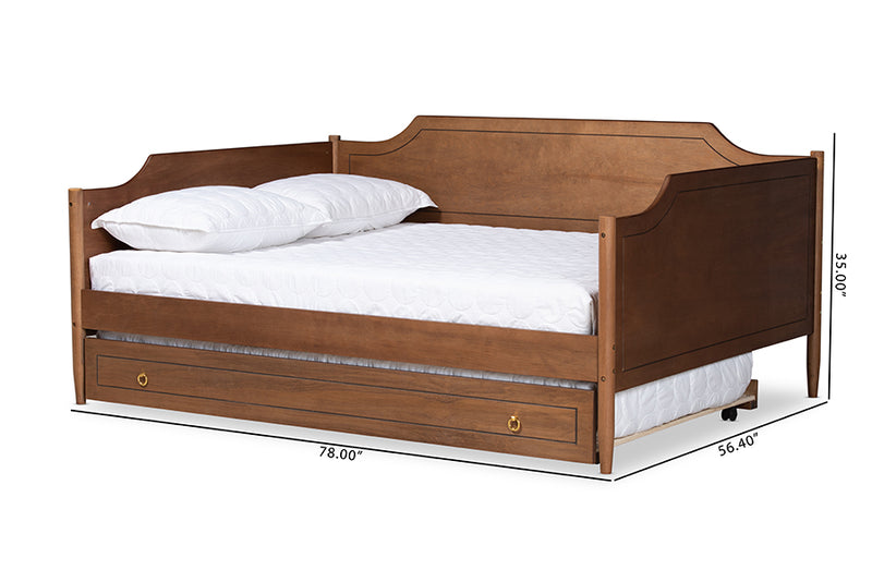 Ansa Classic Traditional Farmhouse Walnut Brown Finished Wood Full Size Daybed w/Roll-Out Trundle Bed