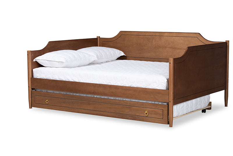 Ansa Classic Traditional Farmhouse Walnut Brown Finished Wood Full Size Daybed w/Roll-Out Trundle Bed