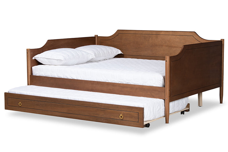 Ansa Classic Traditional Farmhouse Walnut Brown Finished Wood Full Size Daybed w/Roll-Out Trundle Bed