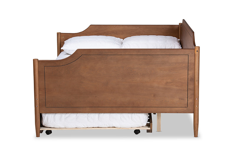 Ansa Classic Traditional Farmhouse Walnut Brown Finished Wood Full Size Daybed w/Roll-Out Trundle Bed