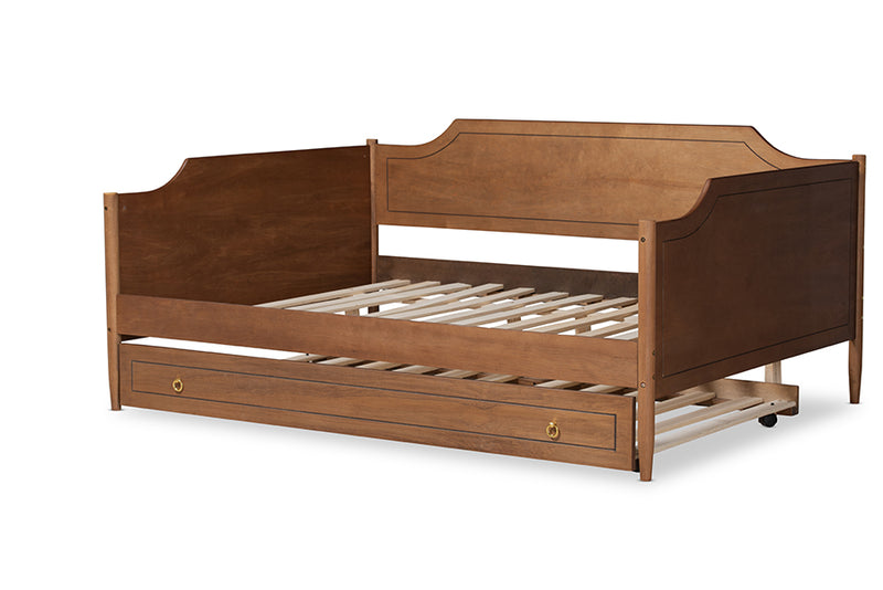 Ansa Classic Traditional Farmhouse Walnut Brown Finished Wood Full Size Daybed w/Roll-Out Trundle Bed